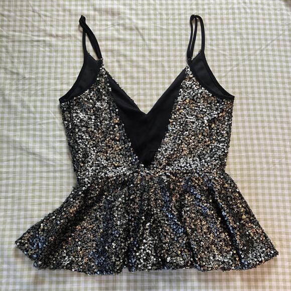 V neck silver sequin cami with flared waist, going out night out party new years - Picture 2 of 8